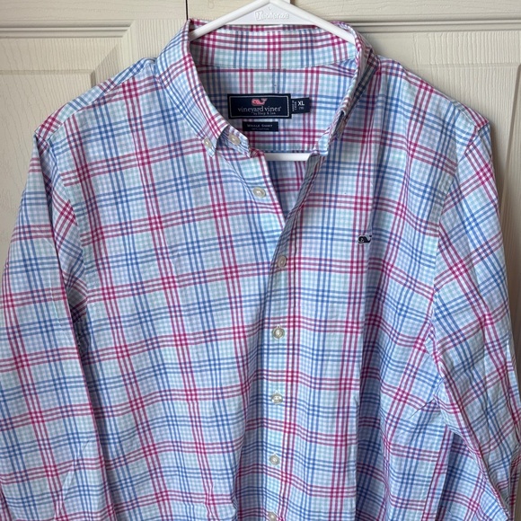 Vineyard Vines mens whale shirt 100% cotton Blue pink Plaid button down Shirt XL - Picture 2 of 7